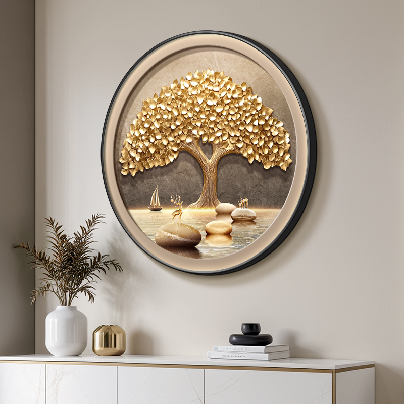 发财树圆形餐厅装饰画轻奢高级感玄关斗柜挂画2025新款福禄晶瓷画