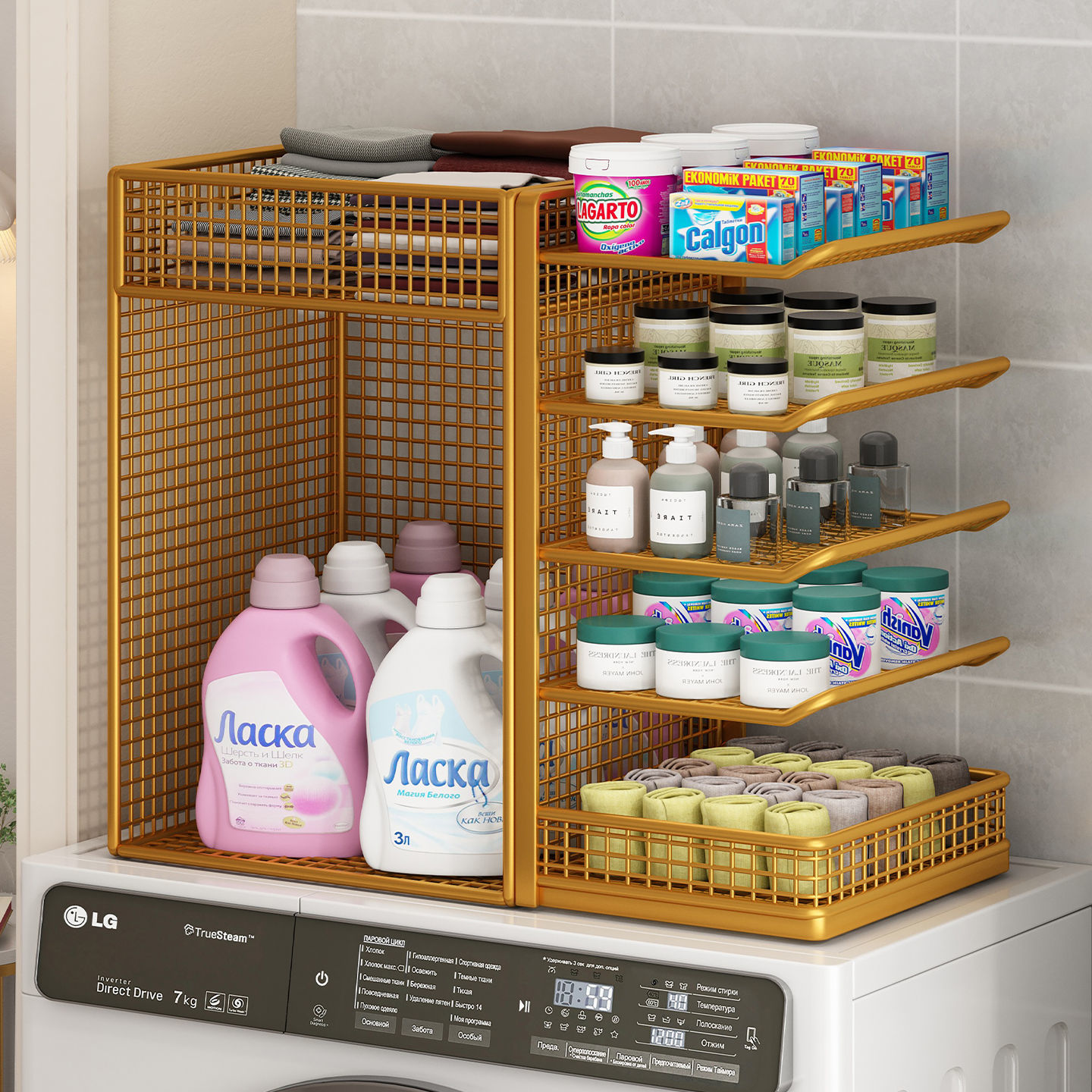 滚筒洗衣机放置架空间利用小户型洗衣机上方置物架洗衣液收纳多功