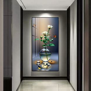 现代简约客厅走廊过道玄关墙面装饰画挂画轻奢花瓶带灯壁画晶瓷画