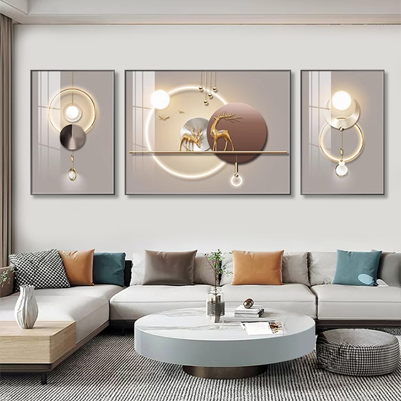 现代简约客厅装饰画麋鹿抽象三联画壁画轻奢高级感沙发背景墙挂画