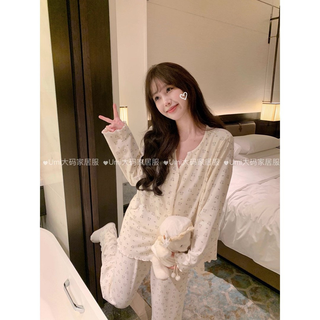 大码秋冬季德绒睡衣女120-260斤可外传简约大气V领开衫家居服套装