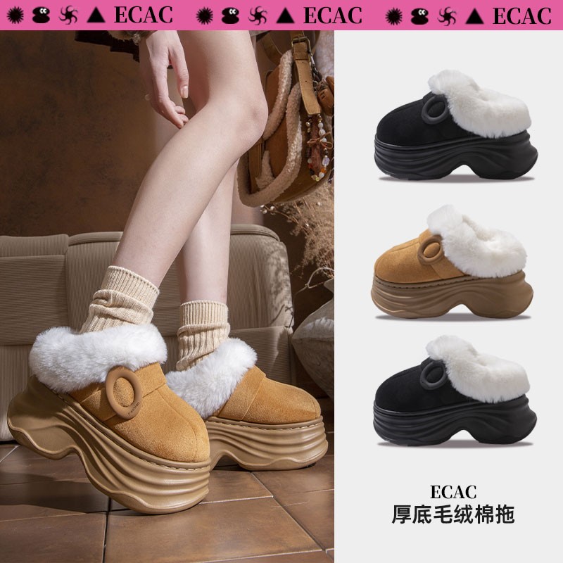 ECAC厚底增高棉拖鞋女士冬季2025新款毛绒保暖外穿百搭包头棉拖女