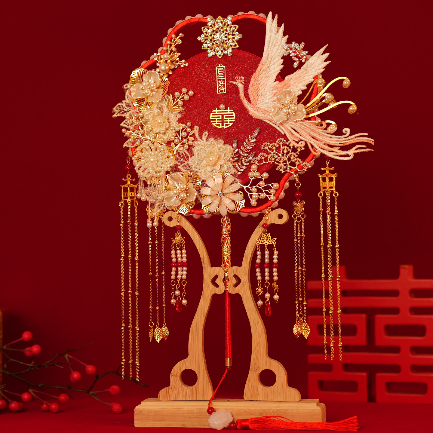 结婚新娘高档团扇双面红喜扇DIY材料包重工奢华出嫁手捧道具扇子