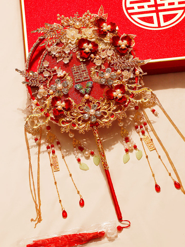 둥근 팬 신부 결혼식 DIY 재료 패키지 중국 결혼식 XIUHE 중공업 팬 요정 하이 엔드 완료 빨간색 웨딩 팬