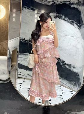 拉拉家2025夏季新款时尚钉珠设计层叠压褶印花吊带连衣裙GFC25334