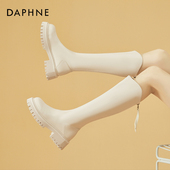 达芙妮白色长筒靴女秋冬加绒高筒骑士靴粗腿大筒围胖mm大筒围靴子