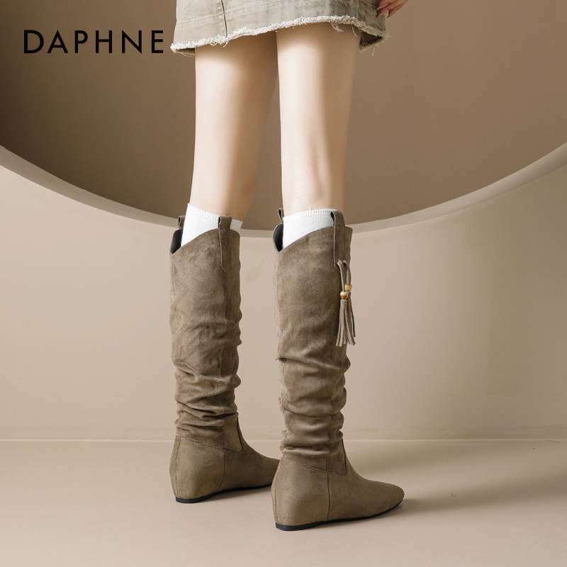 达芙妮复古长筒靴女褶皱堆堆靴子