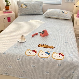 牛奶绒床盖单件豹纹猫咪卡通毛巾绣夹棉床单冬天加厚床垫子三件套
