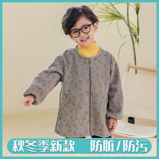 防脏罩衣秋冬保暖画画护衣长袖灯芯绒羽绒服外套加绒男孩儿童学生