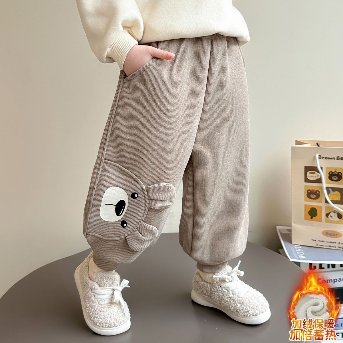 女童加绒裤子秋冬款一体