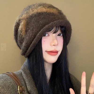 蝴蝶结针织堆堆帽女秋冬季日系复古大头围显脸小冷帽保暖包头帽子