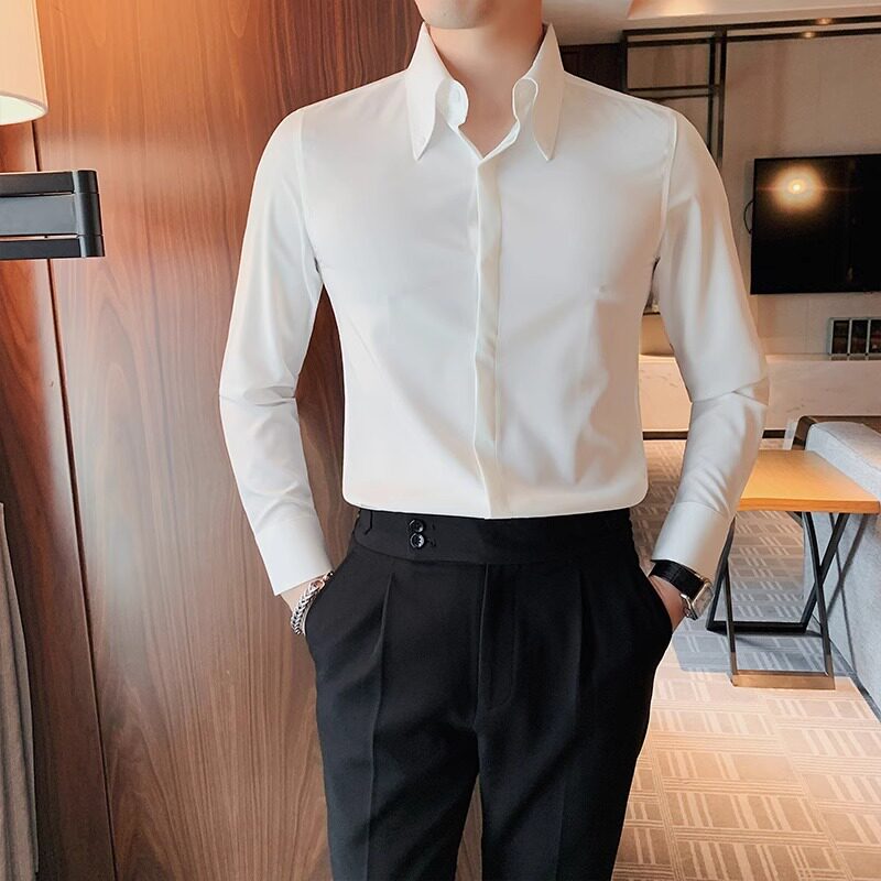 法式大领长袖衬衫男士2025年春秋新款高级感痞帅高领白衬衣上衣