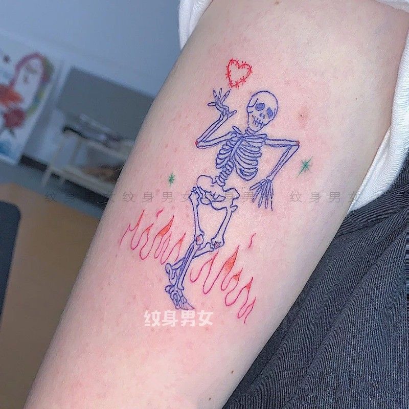 手绘蓝色火焰骷髅线条纹身贴防水男女持久防水