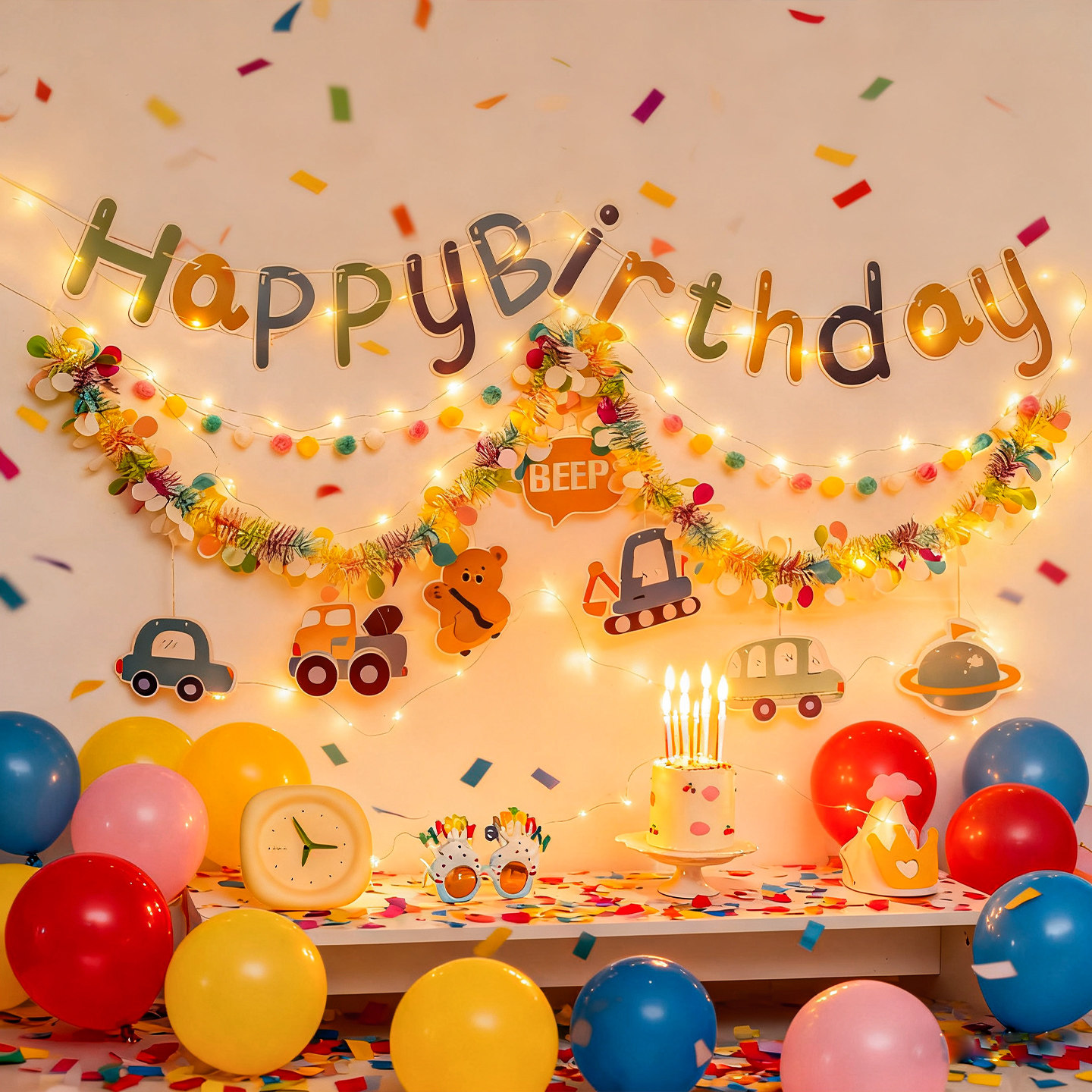 马卡龙多巴胺生日挂饰毛条拉花拉旗氛围布置儿童场景装饰背景男孩