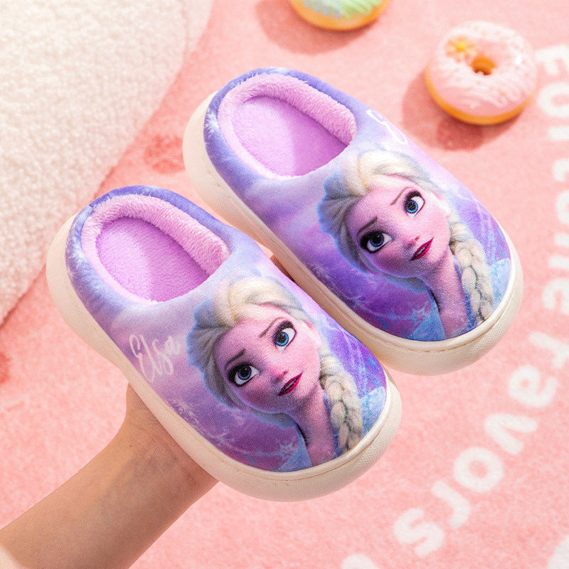 冰雪奇缘冬季加绒女童棉拖鞋中大童可爱防滑儿童室内新款毛毛拖鞋