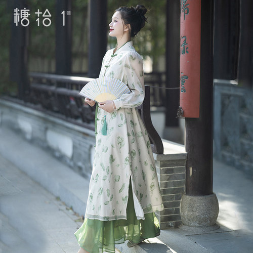 印花中式开衫长款吊带女夏季两件