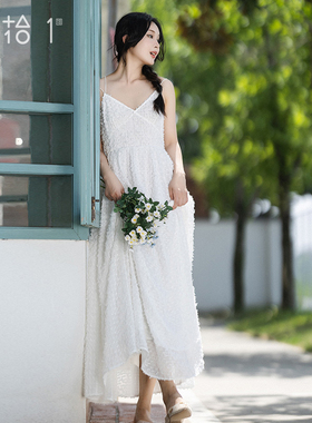 现货【提香】吊带裙女装夏季雪纺收腰长裙V领高腰连衣裙白色裙子