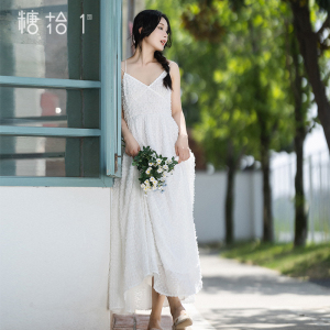 现货【提香】吊带裙女装夏季雪纺收腰长裙V领高腰连衣裙白色裙子