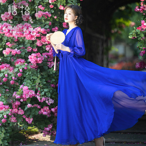 清#【碧落】夏季蓝色V领连衣裙女新款设计感飘逸长裙收腰系带裙