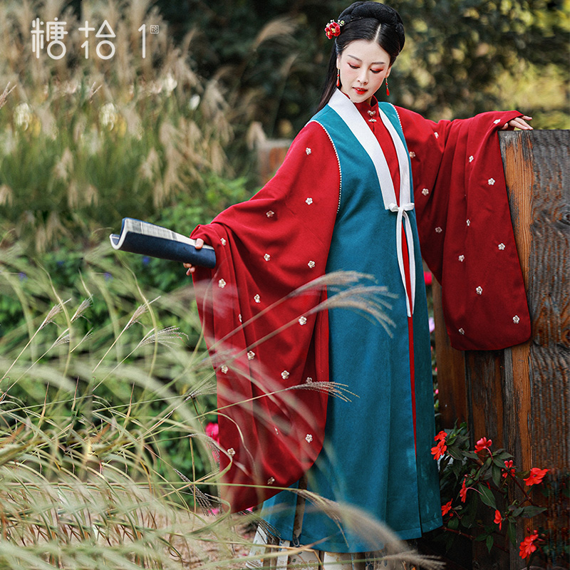 红色汉服婚服女冬季广袖立领长袄