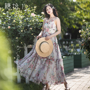 现货【花摇月影】性感长裙网纱印花吊带连衣裙女夏仙气质感高级感