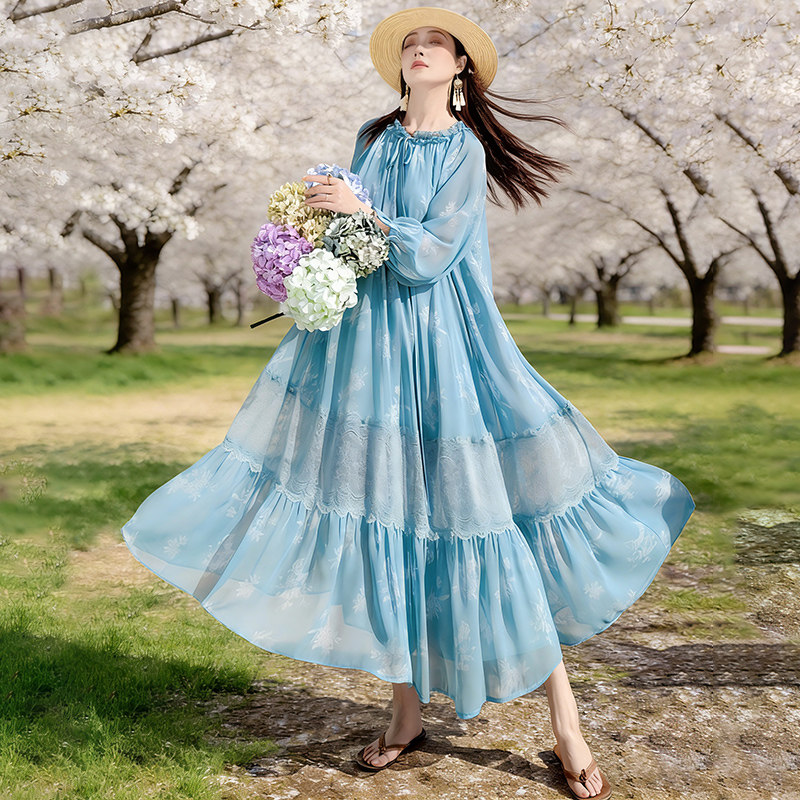 【清风入夏】雪纺印花连衣裙女2026春季温柔木耳边领宽松飘逸长裙
