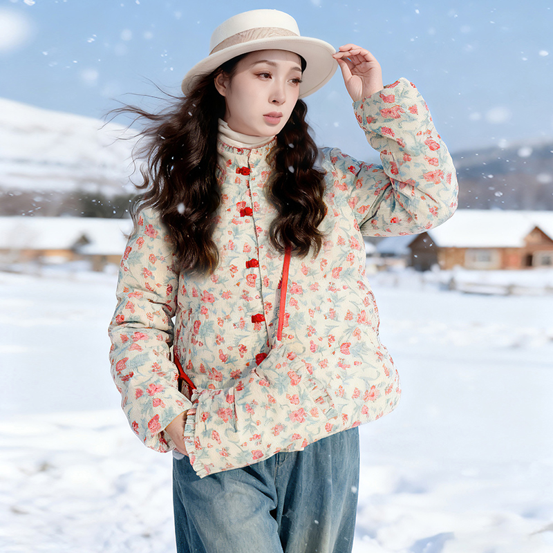 复古灯芯绒印花羽绒服女冬季短款