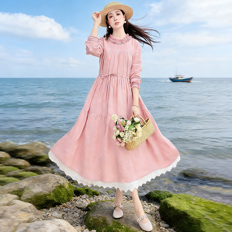 忆旧亚麻连衣裙女春季花边领裙子