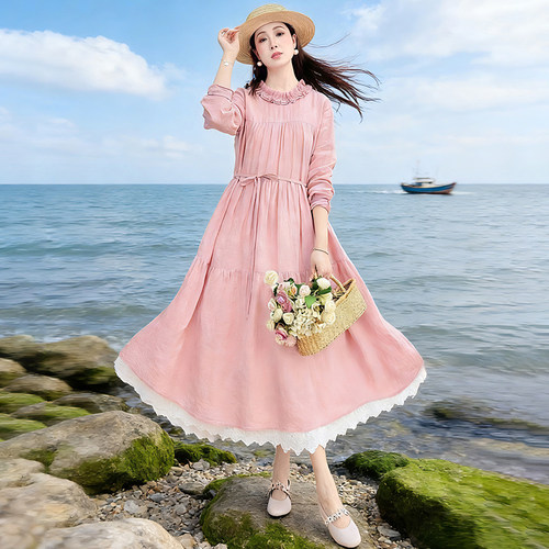 忆旧亚麻连衣裙女春季花边领裙子