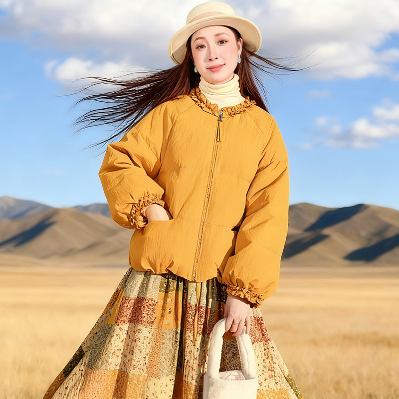 【冬日暖阳】复古原创短款羽绒服女2025冬季花边领轻薄保暖厚外套