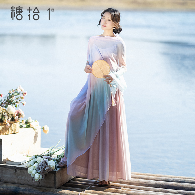 印花披帛粉色半身裙长裙女夏季款