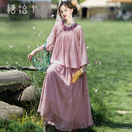 【桃月】复古新中式偏门襟绣花开衫雪纺半身裙女2024夏季宽松套装