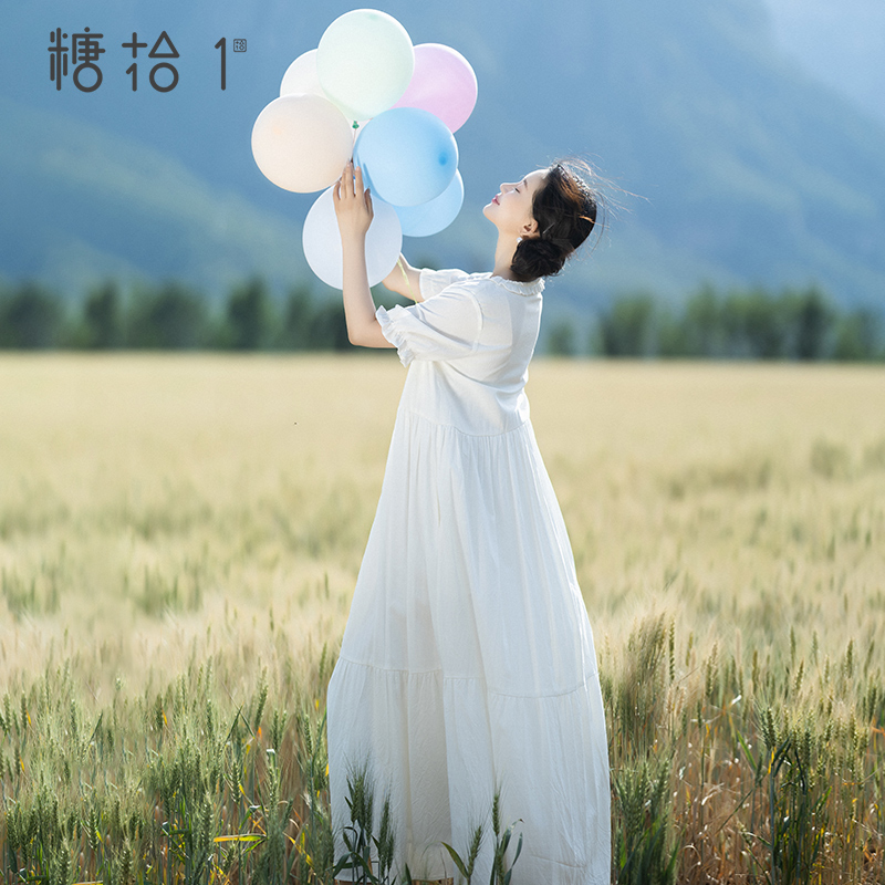 【风的叙述】白色连衣裙圆领流苏系带女士夏季短袖薄款宽松A字裙
