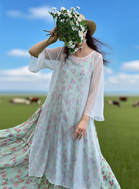 【茉莉】文艺白色A字连衣裙女款2025年夏季七分袖宽松薄款中长裙