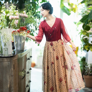 【绮罗香】春夏复古欧根纱刺绣连衣裙女V领七分袖收腰大摆型长裙