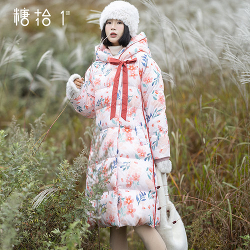 冬季连帽印花加厚羽绒服中长款女