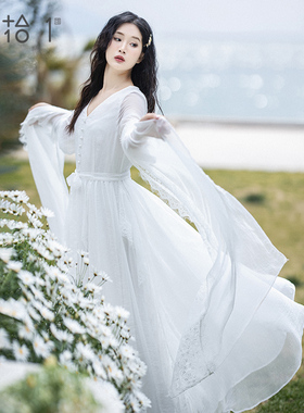 【云梦柔蔓】复古白色雪纺连衣裙女秋季蕾丝荷叶边拼接七分袖长裙