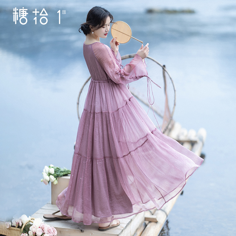方领轻薄拼接长裙女装春季浪漫裙