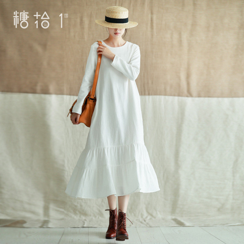 糖十一秋冬纯棉白色打底长裙女2020新款拼接连衣裙中长款内搭裙子