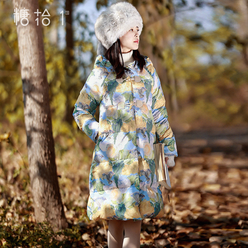 现货【金枝花序】连帽牛角扣羽绒服女2023年冬季中长款白鸭绒