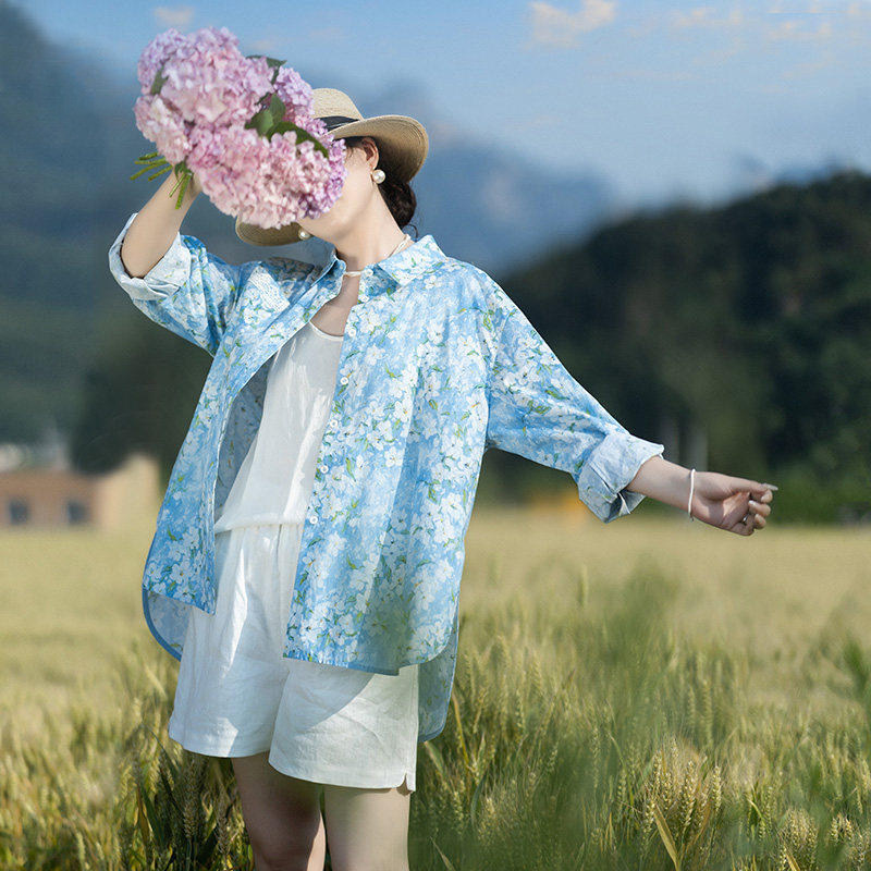夏季浪漫印花衬衫白色短裤女新款