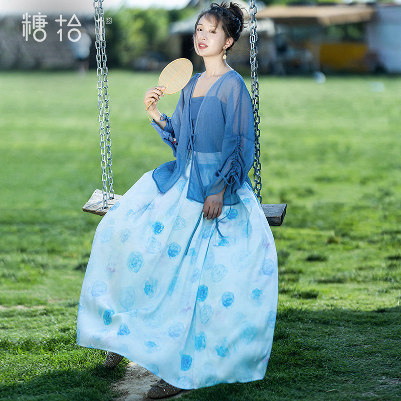 【柔蓝花】复古对襟开衫针织吊带印花半身裙女夏季高级感三件套装