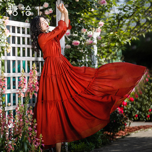 *【云裳佳人】夏季V领气质蛋糕连衣裙女原创新款荷叶边袖口雪纺裙