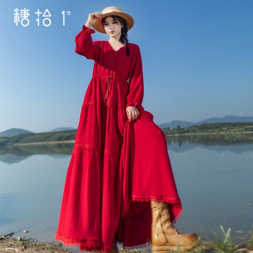 初秋红色针织连衣裙女新款长裙