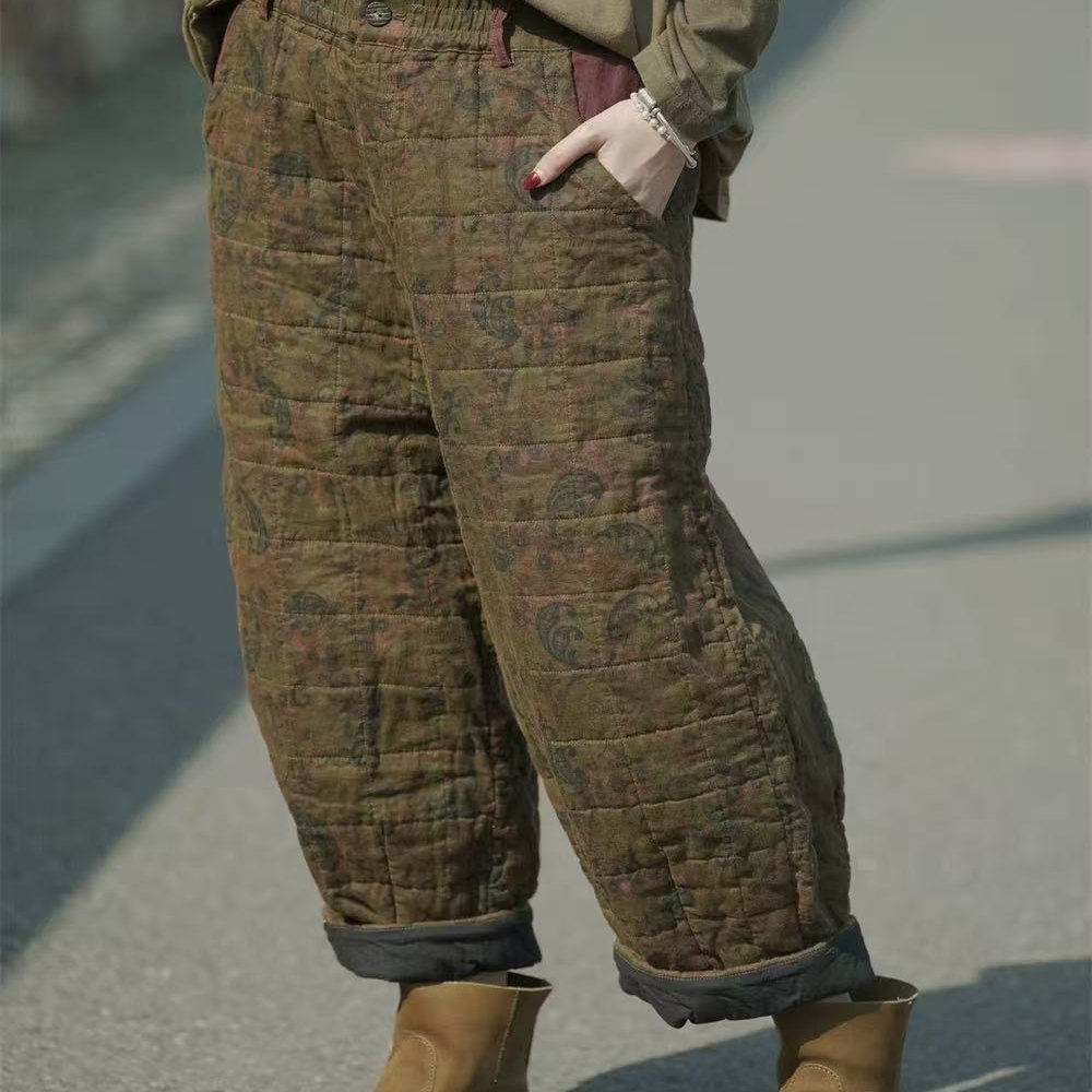 荼-冬季亚麻做旧印花松紧腰休闲棉裤35272（长88围126）