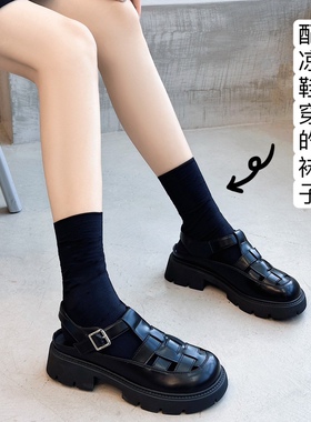 黑色堆堆袜子女夏季薄款夏天薄拖鞋冰丝冰冰袜中筒配凉鞋的长袜夏