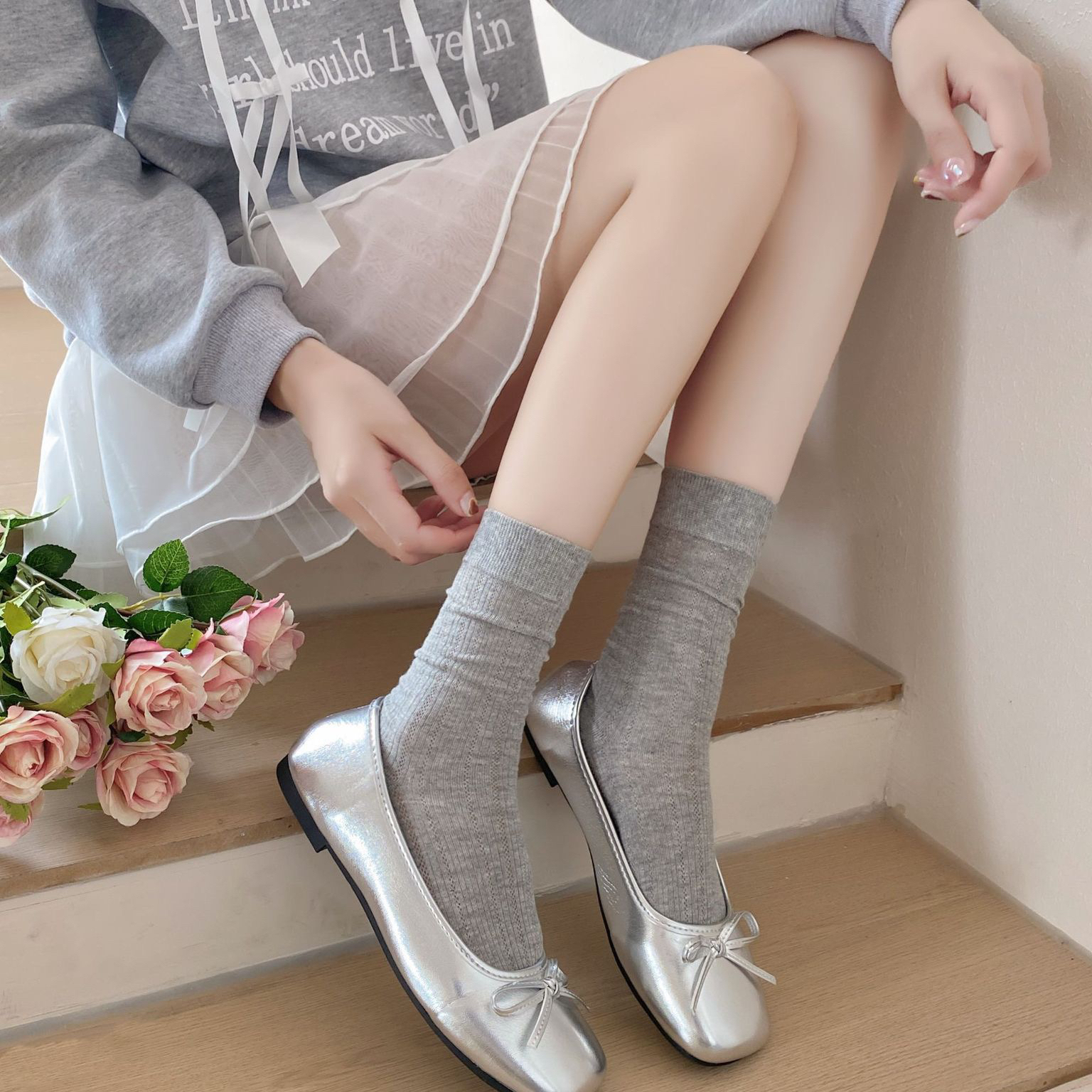 miu系氛围感芭蕾风灰色堆堆袜女