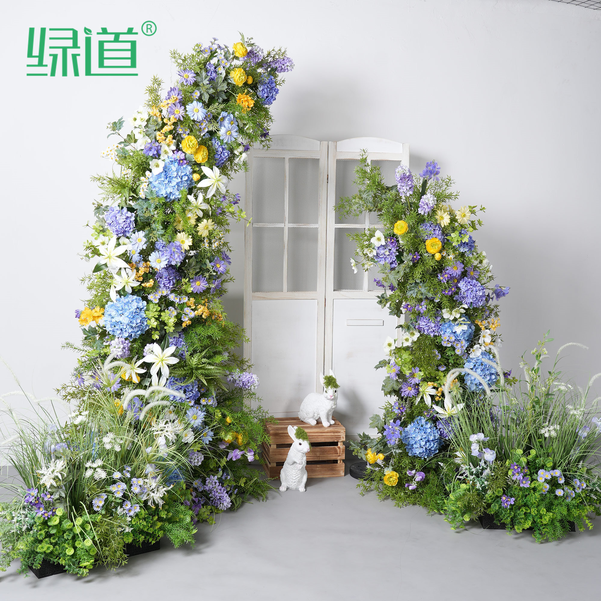 莫奈花园仿真花造景森系婚庆场景布置婚礼户外拱形牛角门打卡花墙