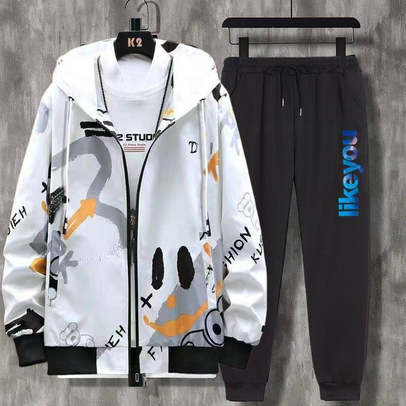 春秋季薄款青少年男生外套连帽一整套初中生高中学生夹克套装衣服