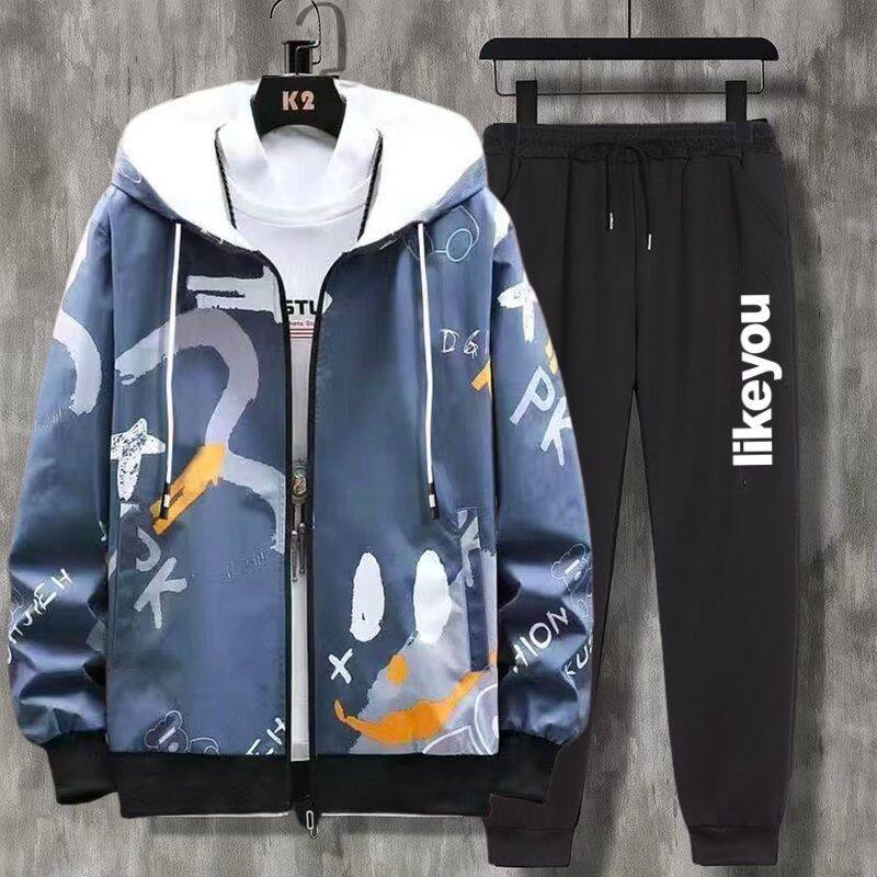春秋季薄款青少年男生外套初中生高中学生连帽一整套夹克套装衣服